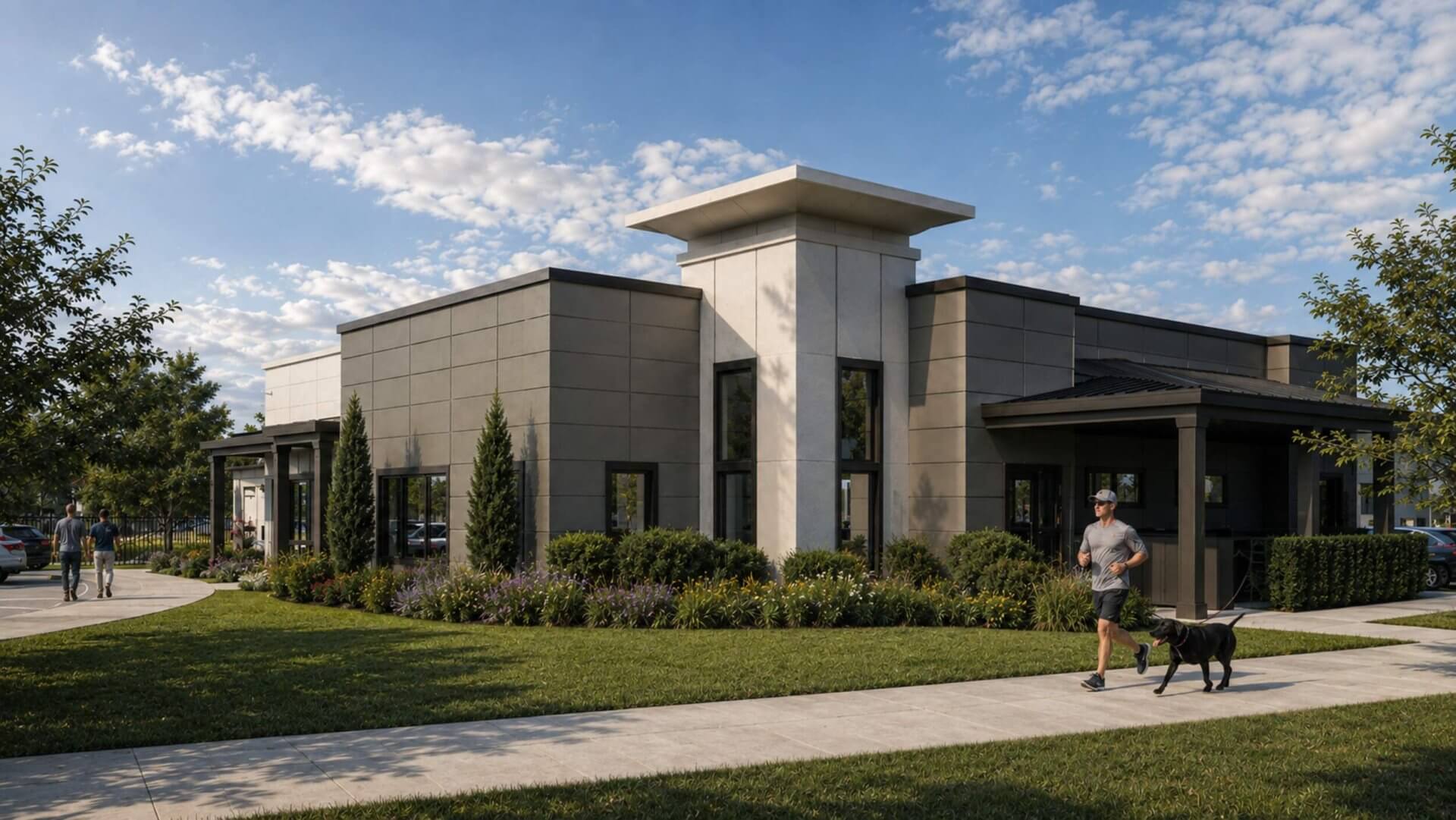Modern clubhouse and landscaped walking path at The Retreat on 19 in Charlottesville