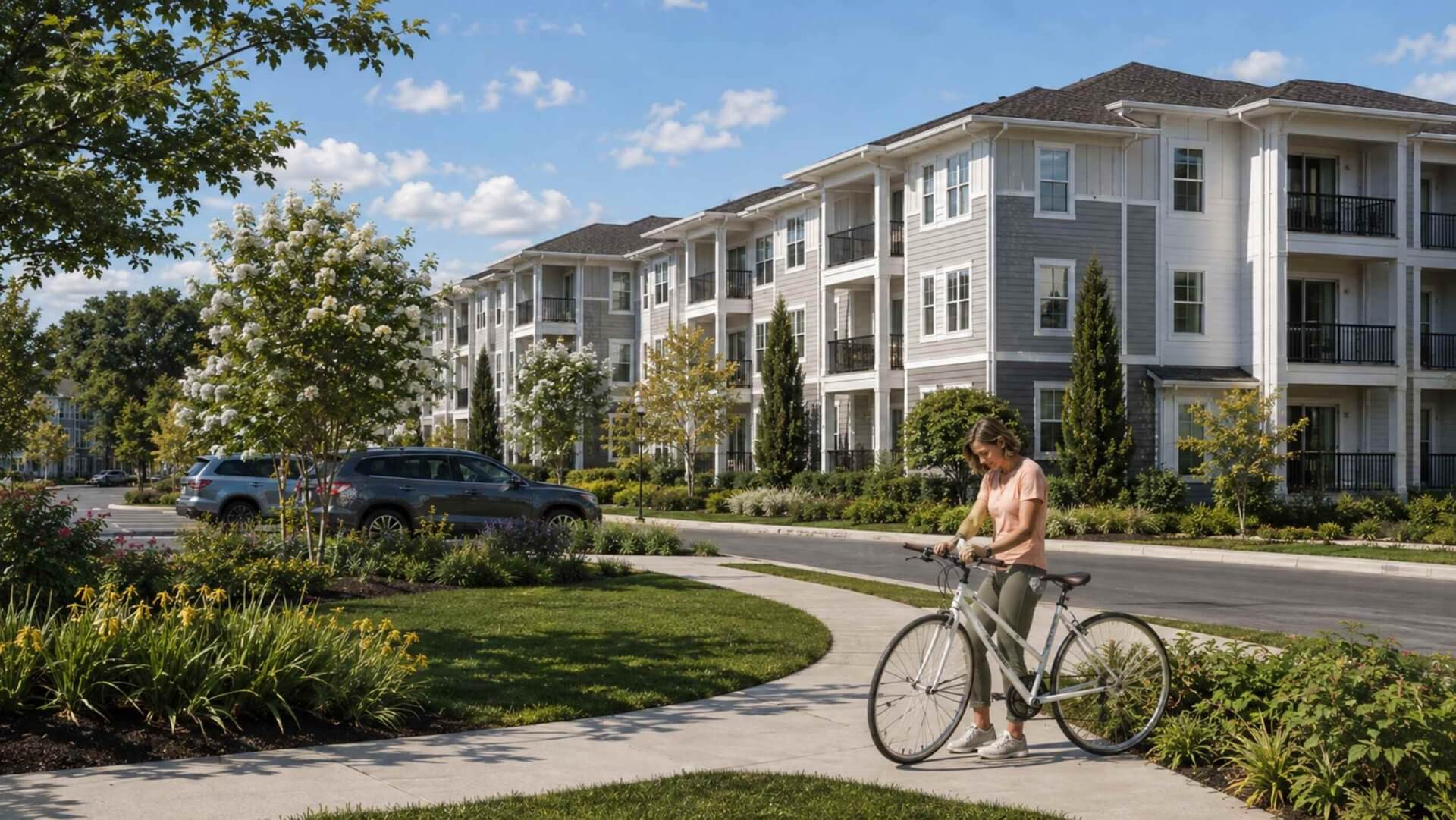 Cyclist near landscaped apartment buildings at The Retreat on 19 in Charlottesville, VA
