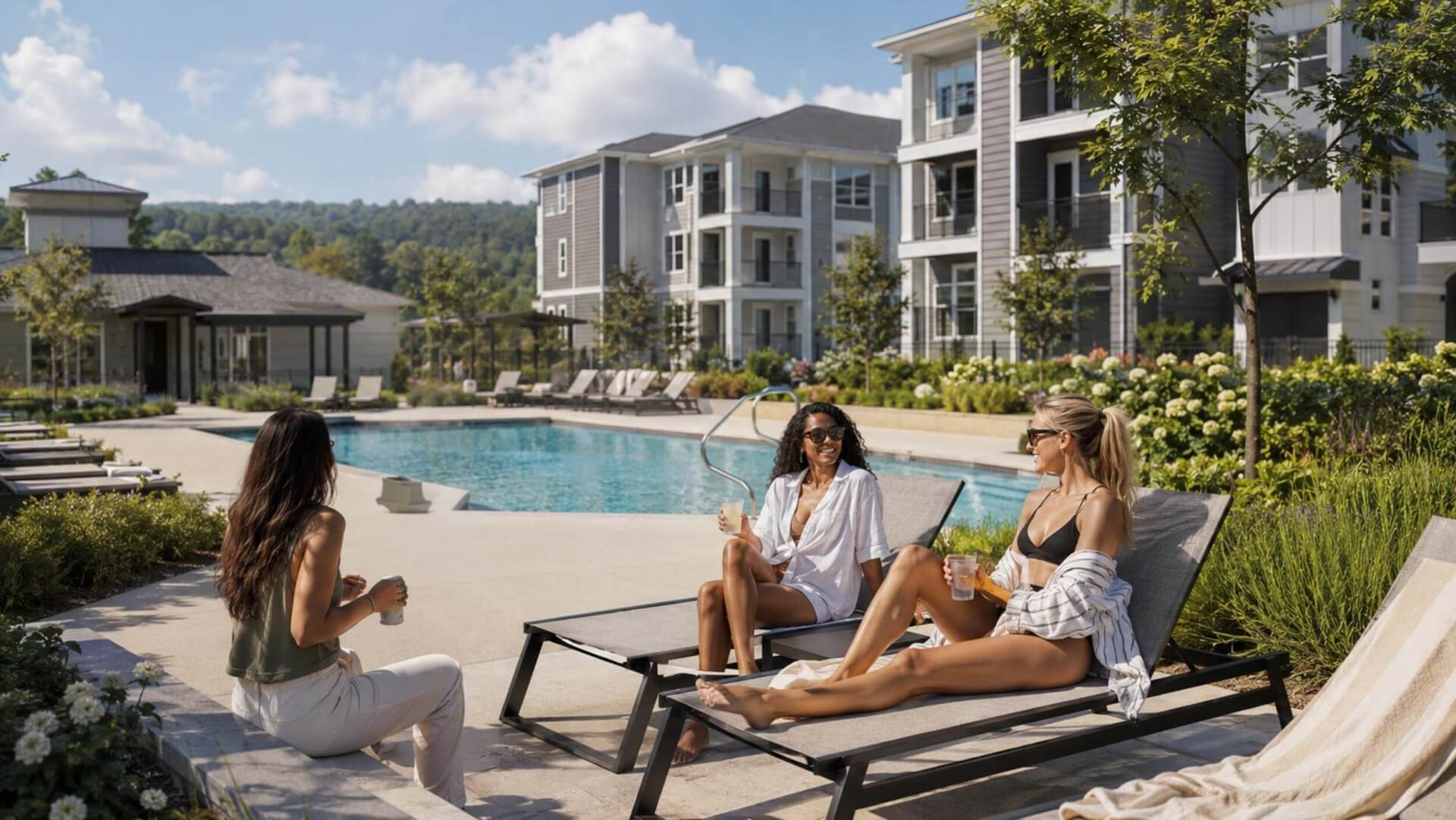 Residents relaxing beside the resort-style pool at The Retreat on 19 apartments